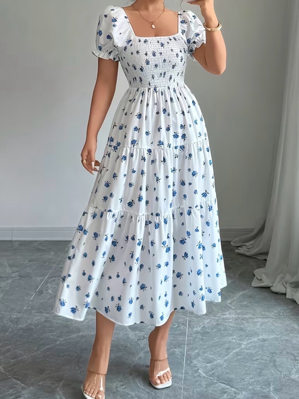 Smocked Square Neck White & Blue Floral Midi Dress
